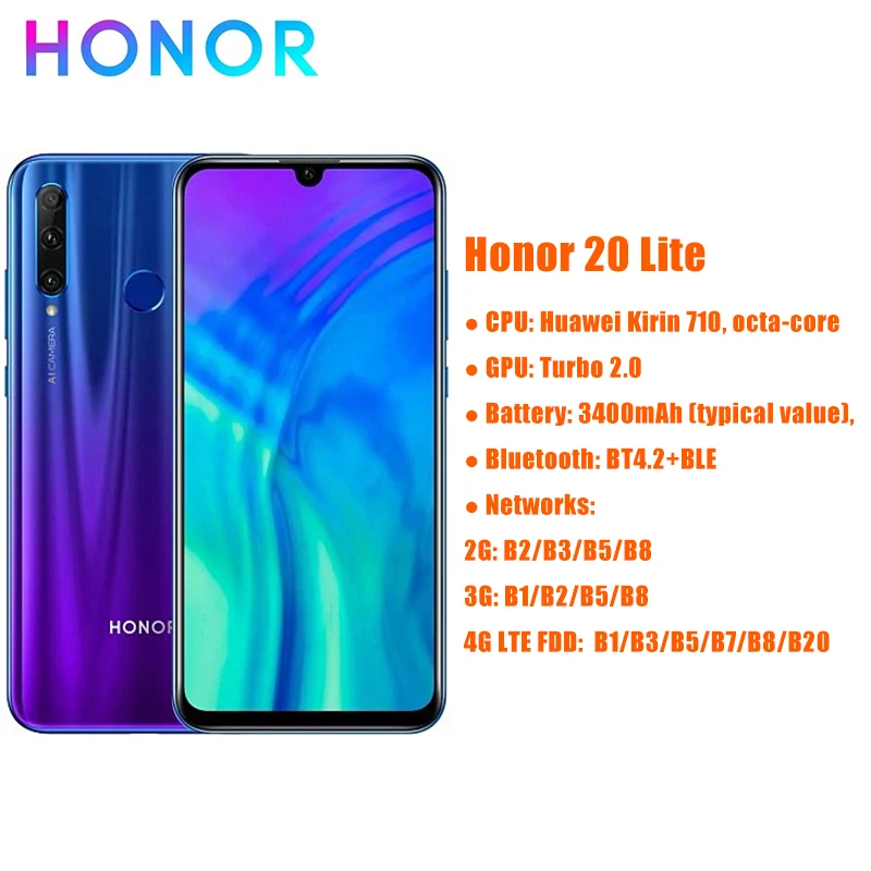 Глобальная версия Honor 20 Lite, 4 Гб, 128 ГБ, мобильный телефон, NFC, huawei Kirin 710, четыре ядра, 3400 мАч, 32 МП камера, сканер отпечатков пальцев, смартфон