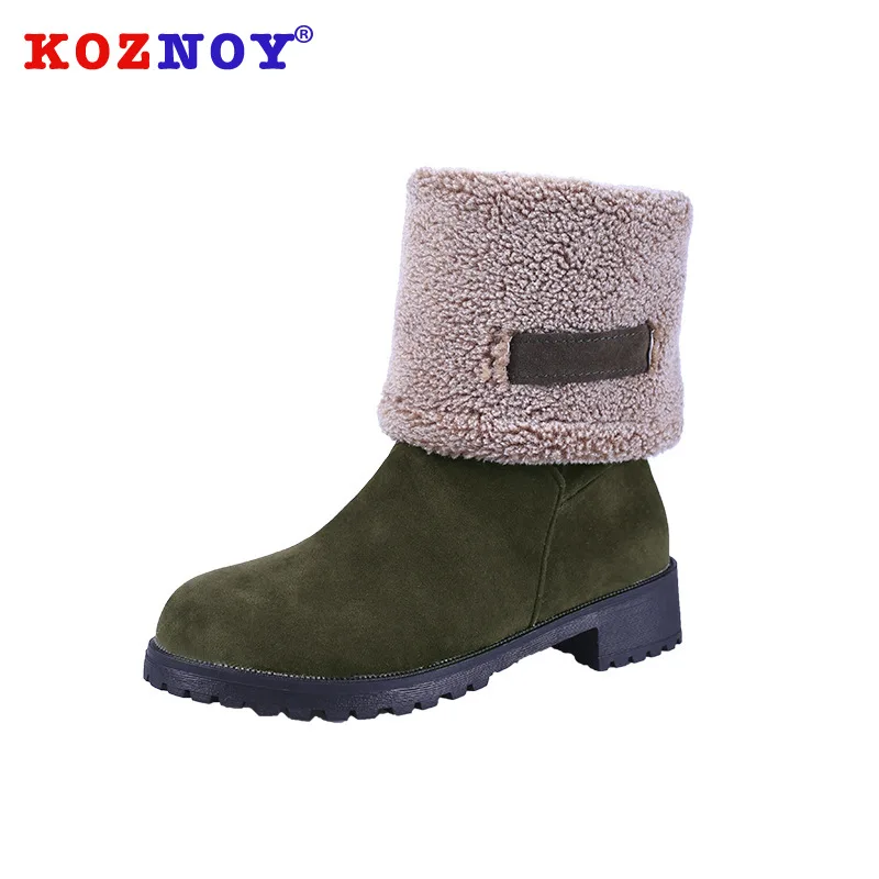 

Koznoy Women Boots Winter Fashion Dropshipping Slip Short Plush Flat Bottom Flock Round Toe Solid Mid Calf Leisure Snow Boots
