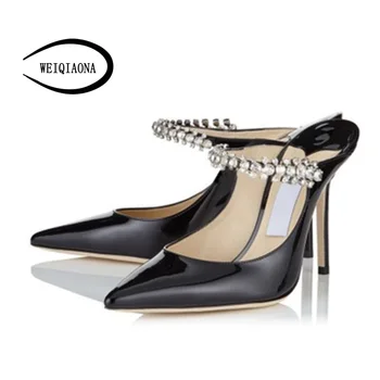 

WEIQIAONA Spring and summer low heel stiletto pointed shoes gauze Rhinestone sandals foot ring strap