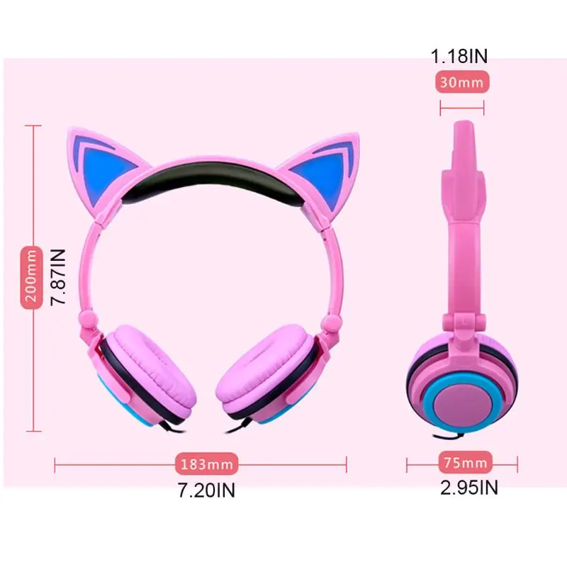 Foldable Portable Safe Wired Kids Gaming Headsets Glowing Cat Ears Headphones R2JB