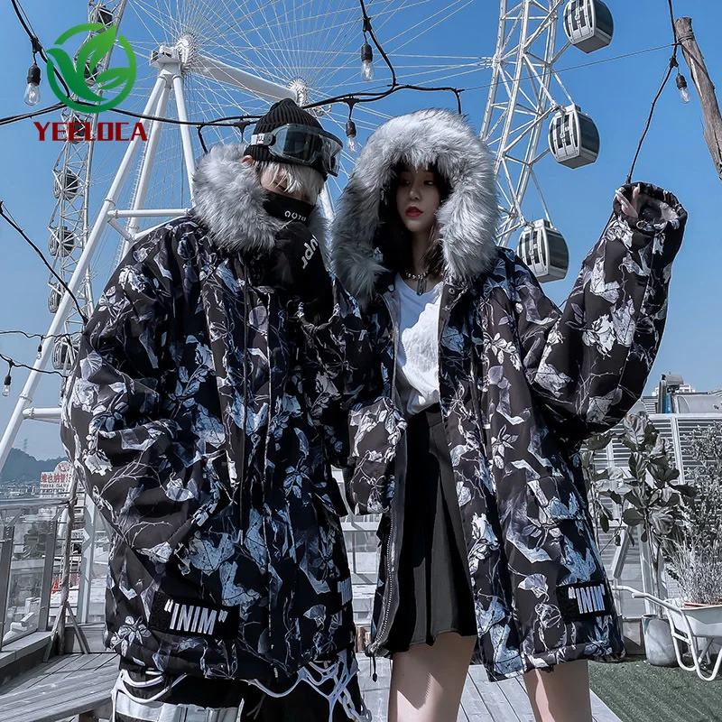 Winter Thicken Hooded Jacket Coat Fur Collar Hip Hop Warm Couple Leaves Camouflage Versatile Men Windbreaker Brand Design