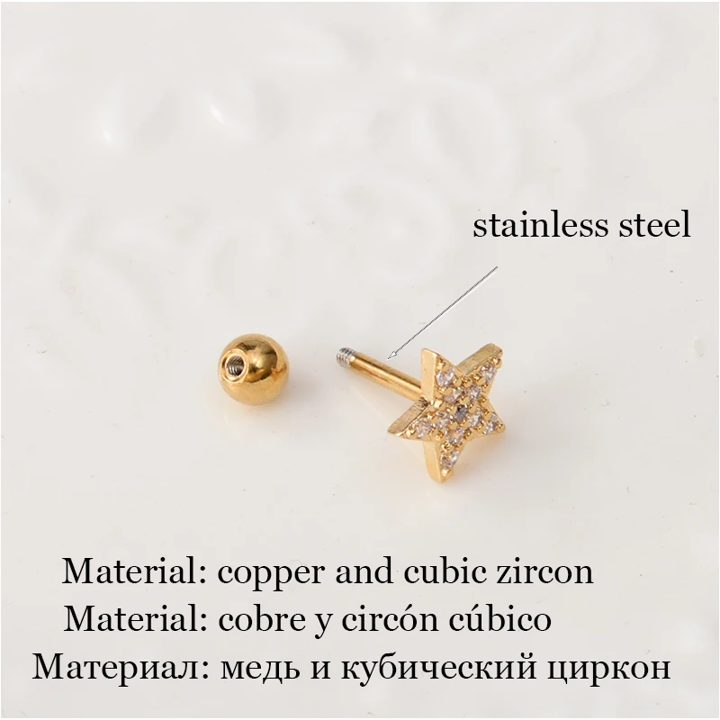 Piercing Jewelry Body Jewelry Ear Studs Crystal Zircon CZ Tragus Piercing Cartilage Bar Stud Earrings Helix Conch Rook Lobe Screw Back Earring Labret Studs 1Pcs