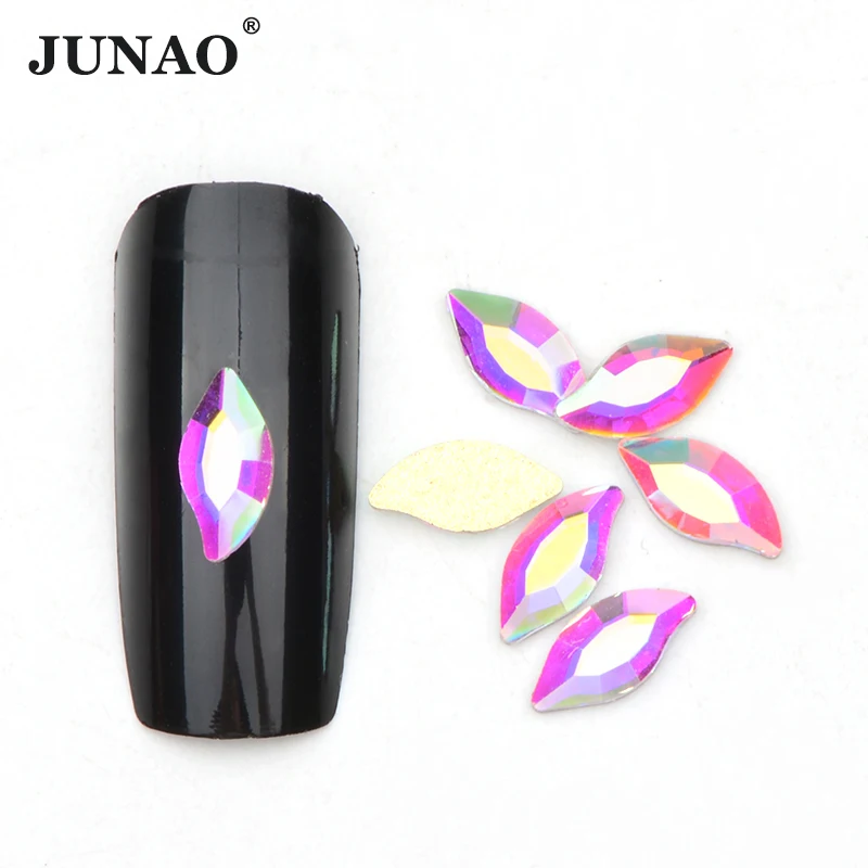 

JUNAO 50Pcs 4x8mm Mermaid Glass Crystal Rhinestone Flat Back Strass Stones Diamond Face Gem 3D Glitter Nail Art Decoration