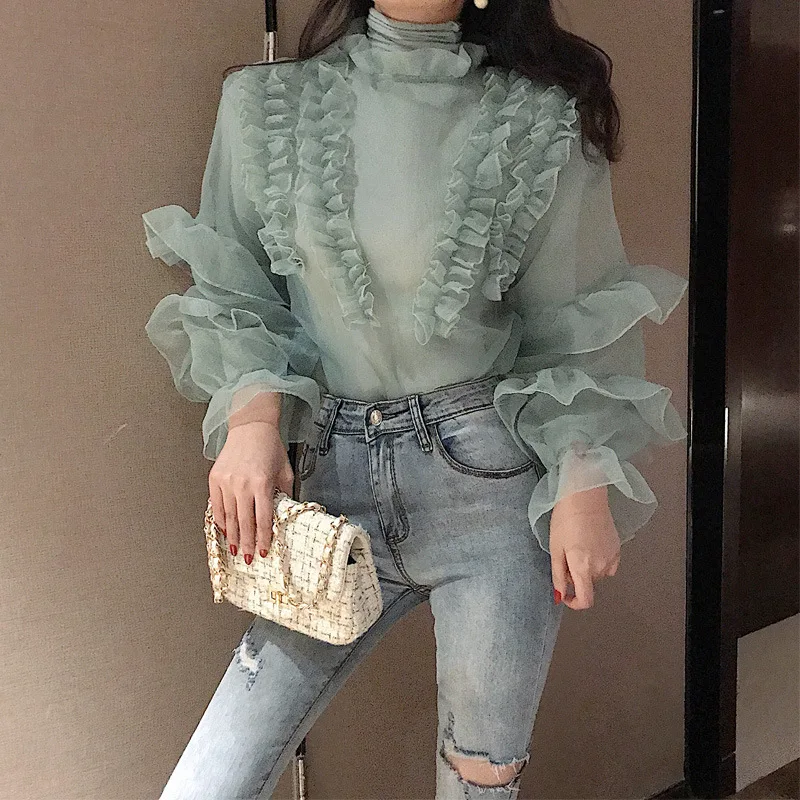 

Ruffles High Collar Vintage Blouse Shirt Women Flare Long Sleeve Elegant Female Blouse Casual Summer Chiffon Blusas female 2019