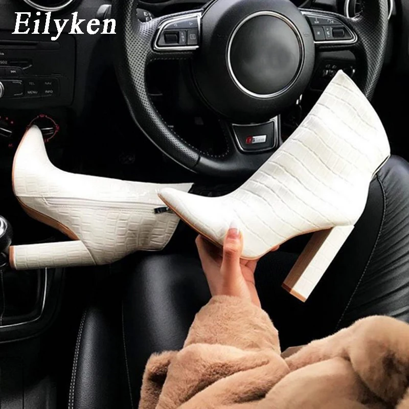 Eilyken/ г. дизайн, Высокий Каблук 11,5 см, Фетиш-сапоги, кожаные ботильоны белого цвета на блочном каблуке качественная обувь из змеиной кожи