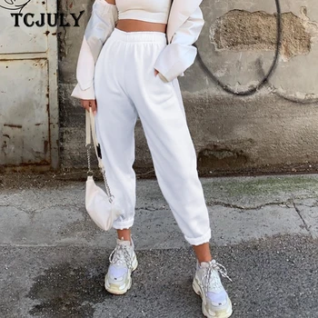 

TCJULY Autumn Winter 2019 Fashion 100% Cotton Sweatpants Women Elastic Waist Solid Trousers Streetwear Thicken Warm Jogger Pants