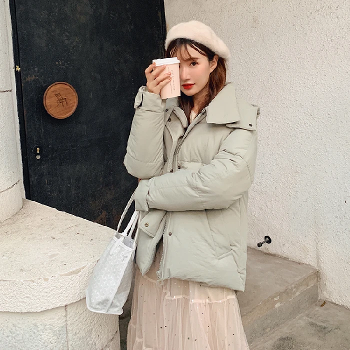 

2019 Winter Women Down Jacket Female Loose Cotton-Padded Clothes Solid Color Zipper Fly With Buttons Hooded Coats Big Pockets