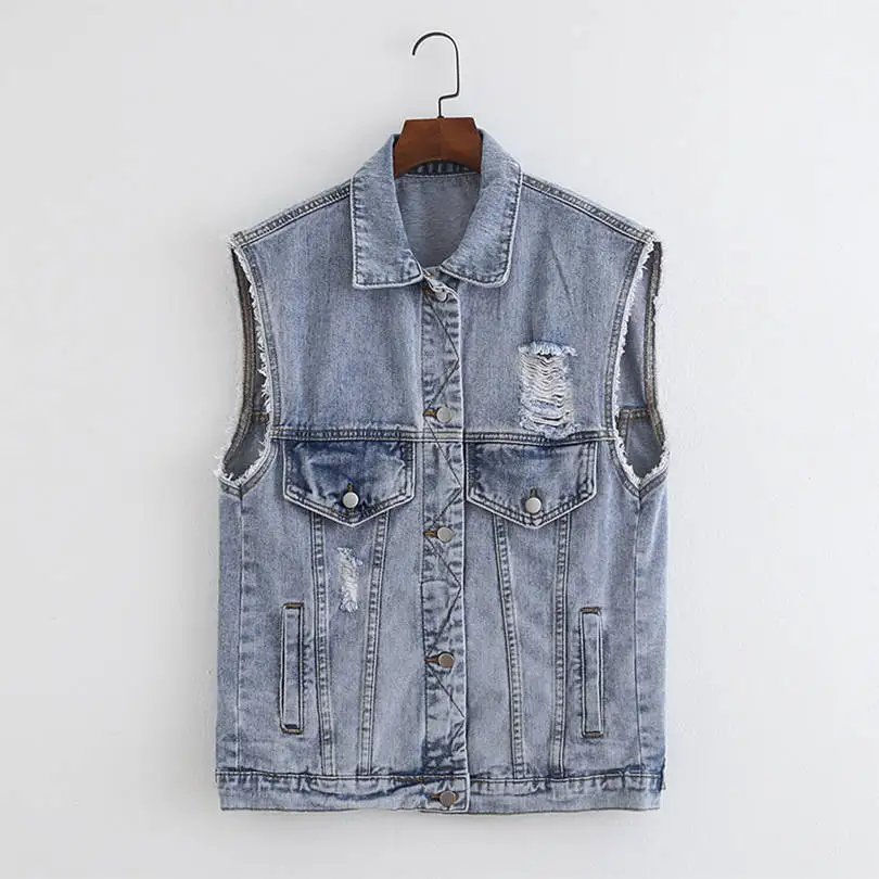 Blue Denim Vest Coat Arvinxia ZA сексуальный выдолбленный джинсовый женский жилет Новые однотонные потертые женские куртки без рукавов винтажные Карманы джинсовая верхняя одежда в стиле панк жилеты - Цвет: Blue Denim Vest Coat