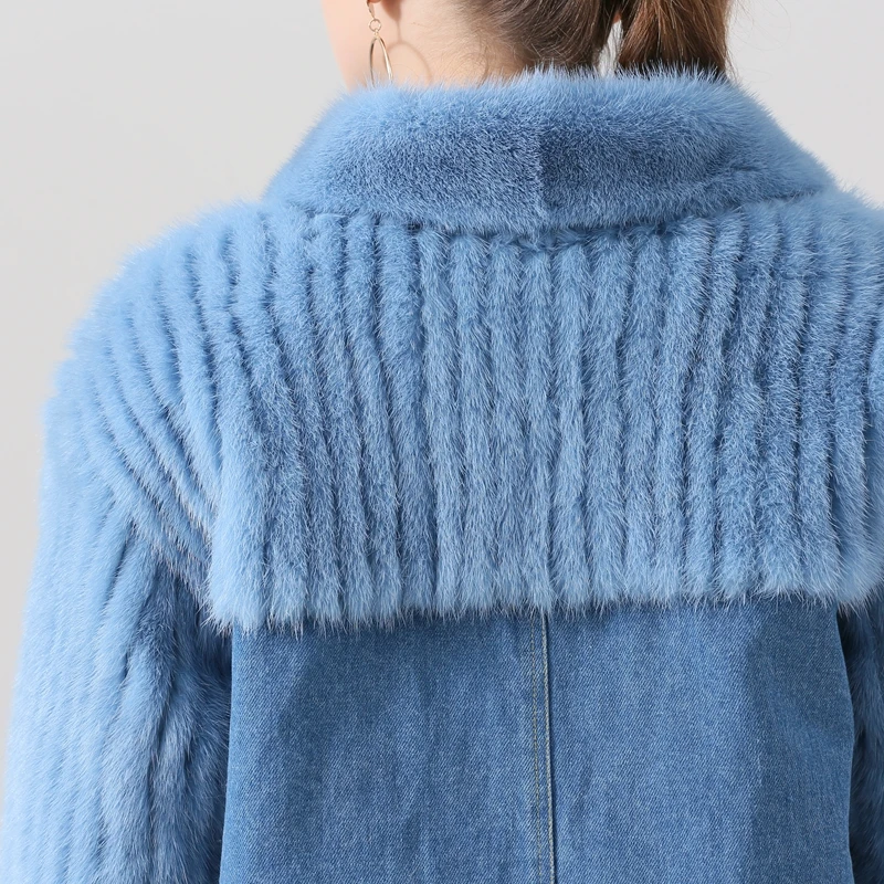 QIUCHEN PJ19040 New arrival real mink fur coat denim jacket women winter coat fashion model