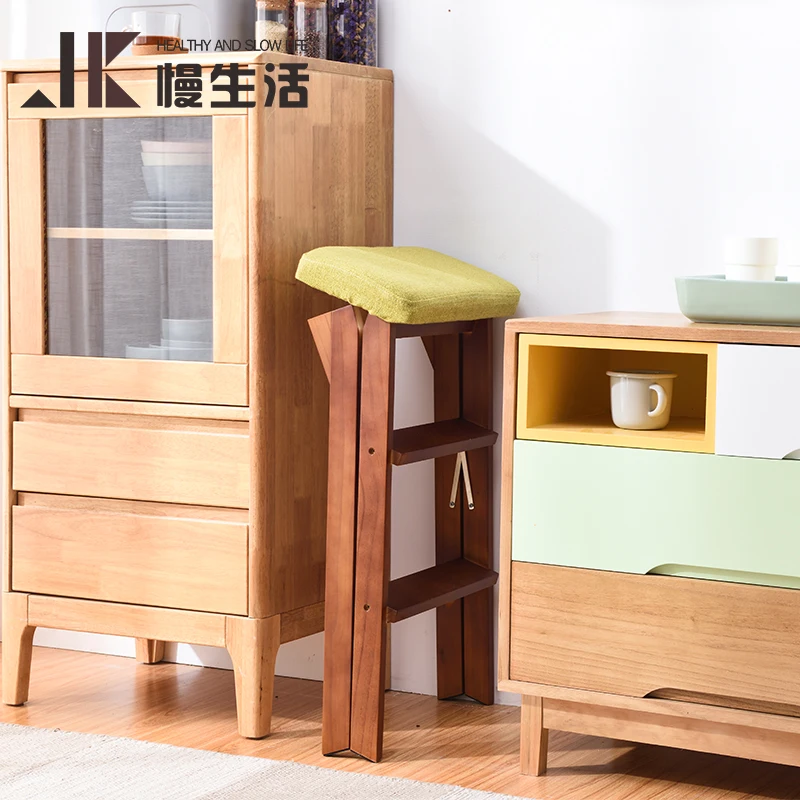  Folding Three Step Solid Wood Step Stool Home Foldable Ladder Indoor Multifunction Ladder Chair Kit - 4000330748591