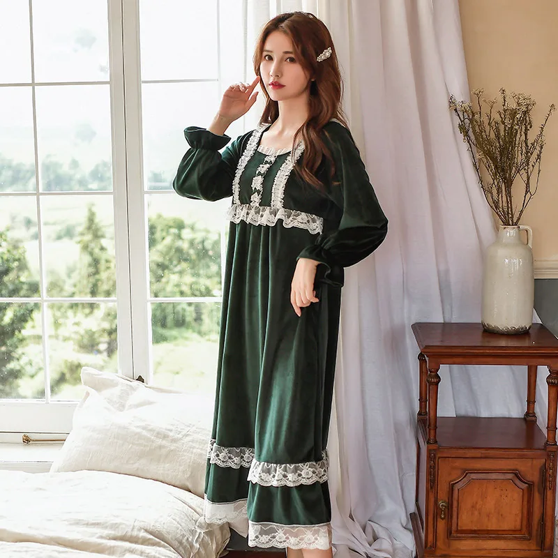 Винтажная кружевная ночная рубашка для женщин, фланелевая теплая Пижама, ночная рубашка принцессы, женская теплая ночная рубашка, бархатная домашняя пижама - Цвет: Зеленый