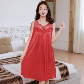 

Women's Sexy Silk Nightgowns Ladies Lace Long Sleepwear Summer Girls Sleeveless Loose Sleepdress Sleepshirts