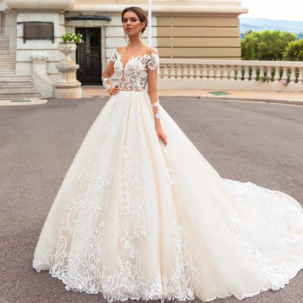 Vestido De Noiva Loverxu соблазнительное длинное с открытой спинкой рукавом бальное платье свадебное платье с круглым вырезом шеи аппликации бисером свадебные платья в стиле винтаж