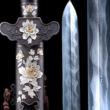 

Clay Tempered Damascus Steel Chinese KungFu Dao Sword Double Edge Very Sharp Qing Dynasty Peony Saber WuShu/TaiChi Battle Jian
