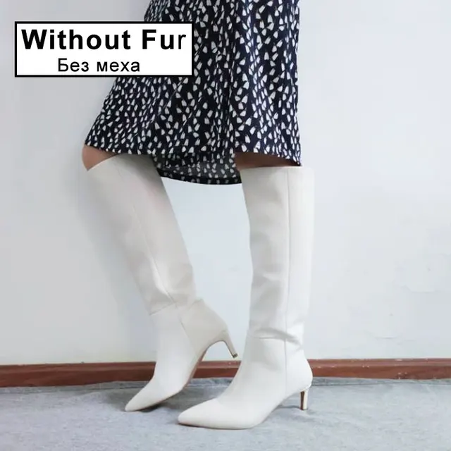 Taoffen Size 33-43 Women Genuine Leather Knee High Boots Pointed Toe Thin Heel Slip On Party Club Winter Ladies Footwear Beige without fur