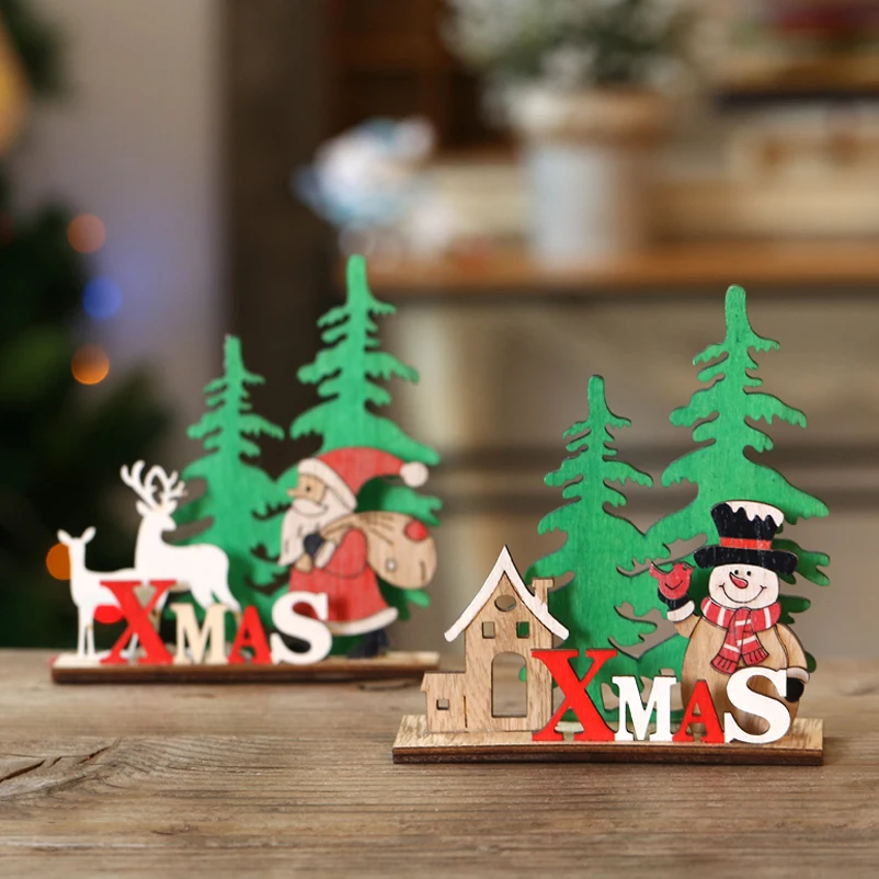 SOLEDI Printing Sturdy Desktop Decoration Xmas Gift Old Man Colorful Christmas Decoration Party Goods Wooden Snowman Elk