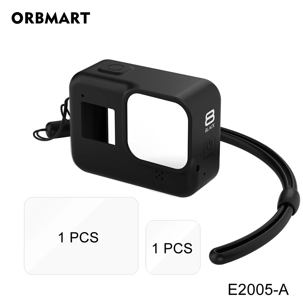 E2005-A Silicone Case for GoPro Hero 8 Black Tempered Glass Screen Protector Protective Lens Film Housing Cover for Go Pro 8 Accessories - Цвет: E2005-A
