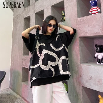 

SuperAen Europe Fashion T-shirt Women Summer New 2020 Widl Casual Ladies T Shirts Pluz Size Short Sleeve Mesh Two-Piece Tops