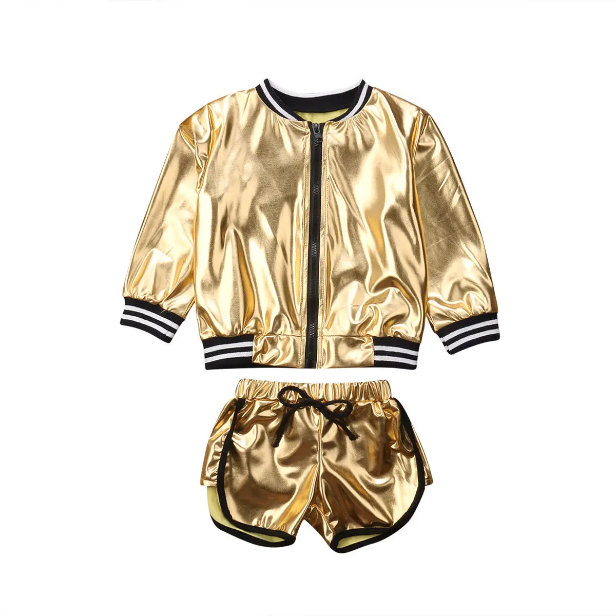  Baby Girls Zip up Jacket + Shorts Sets Golden Shiny Cute Clothing 2 Pcs Set Autumn Bling Outfits Se