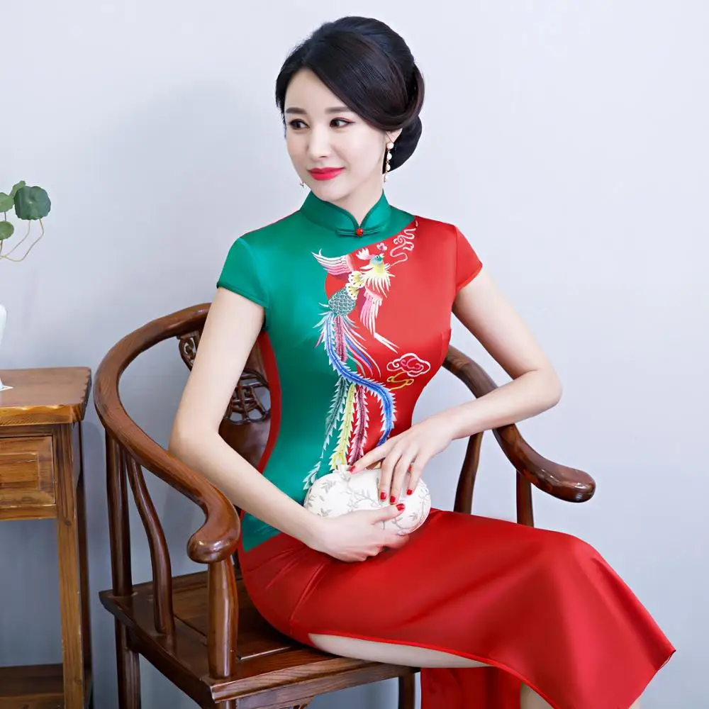 Китайское традиционное платье женское атласное Qipao принт Феникс длинное Cheongsam размера плюс M L XL XXL XXXL 4XL 5XL 6XL