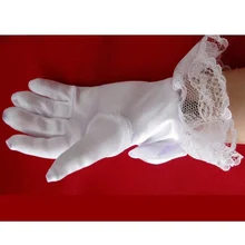 Модные белые детские кружевные Сатиновые короткие перчатки с длинными пальцами для девочек с кружевами и жемчужинами, детское праздничное платье, перчатки