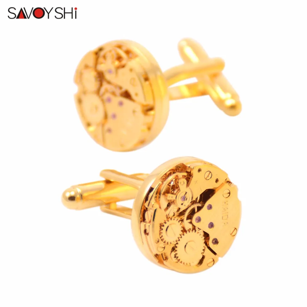 Cufflinks SAVOYSHI модные механические Move Мужские t запонки с изображением часов для мужчин высокого качества французские запонки для рубашки Золотые круглые запонки свадебный подарок - Окраска металла: Cufflinks