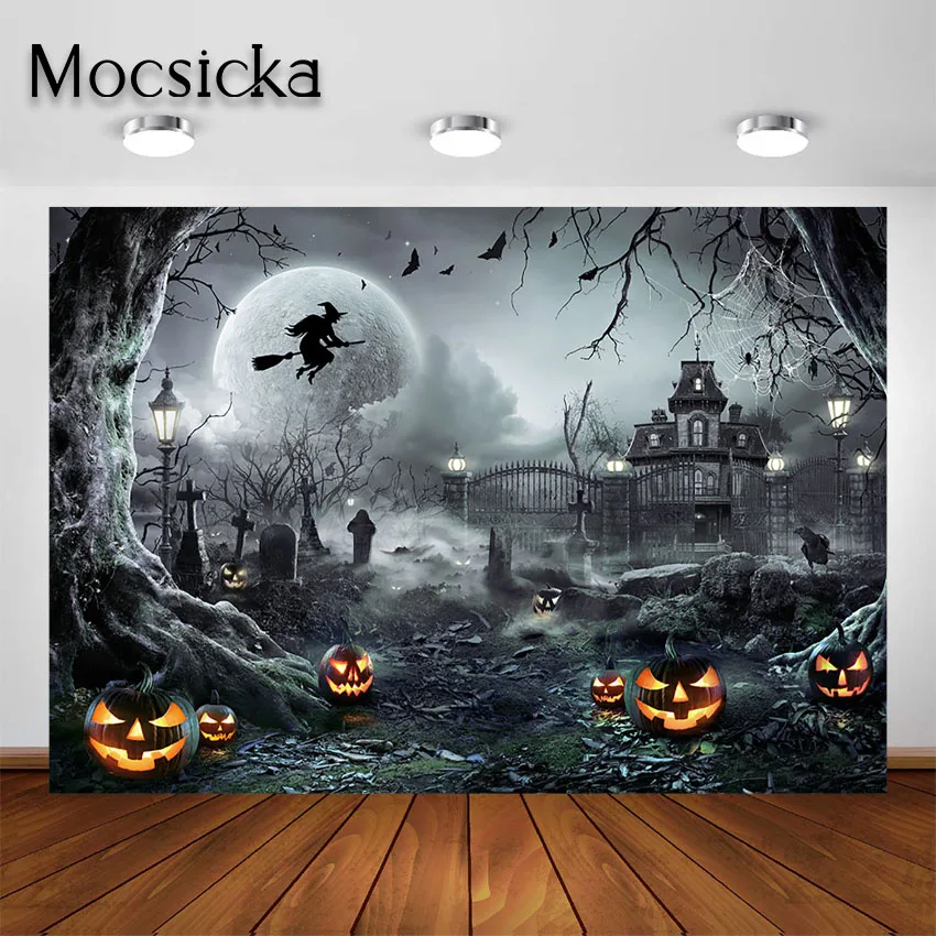Mocsicka Фотофон с изображением страшного замка в виде полной луны ведьмы летучих