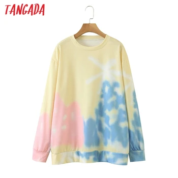

Tangada women Tie-dye print sweatshirts oversize long sleeve O neck loose pullovers female tops SL558