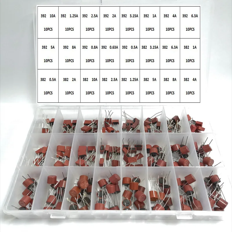 382 392 24Values Blow Cylindrical Fuse 0.5A 1A 1.25A 2A 3.15A 4A 5A 6.3A 8A 10A Amp For LCD TV Power PCB Insurance Kit 240Pcs