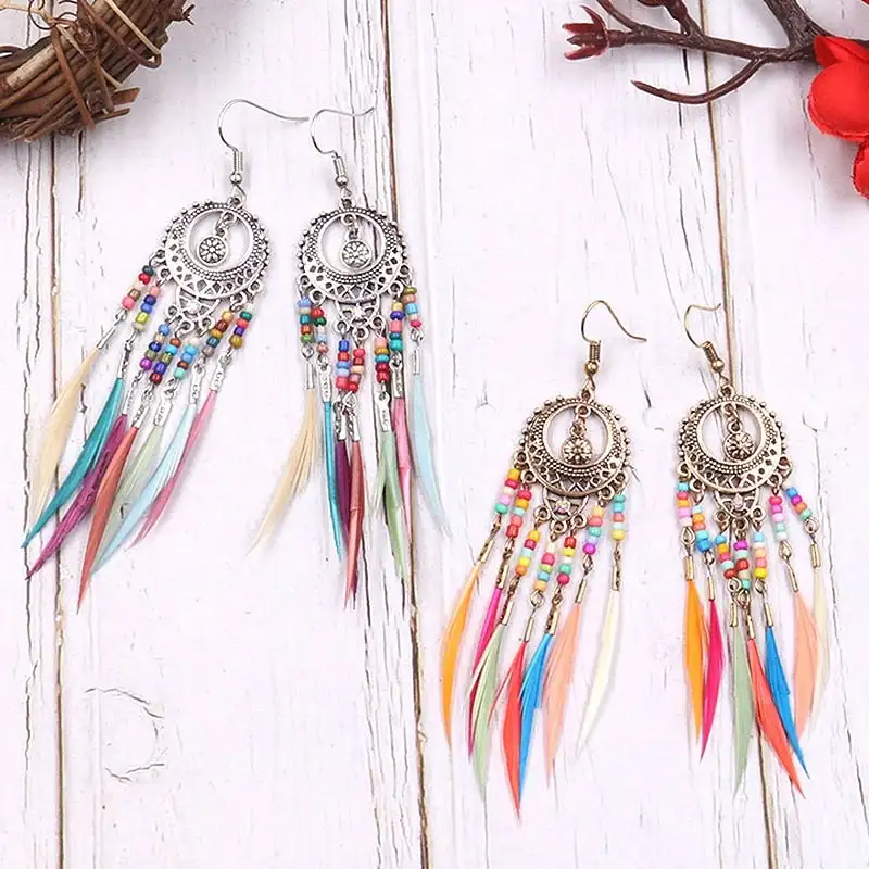 

Ladies Vintage Bohemian Feather Bead Tassel Dangle Earrings Retro Boho Gypsy Beachy Ethnic Tribal Festival Party African Jewelry