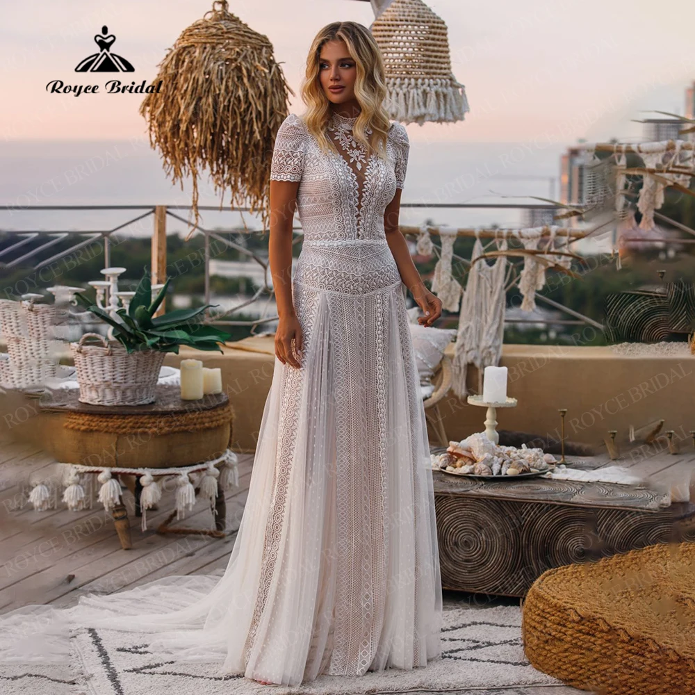 

Bohemian Lace Wedding Dresses High Neck vestido de novia con manga corta Vintage Beach Wedding Gown for Bride 2023 Sweep Train