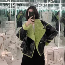 Parka 2021 Winter Thick Women Coat Plush Splicing Faux PU Leather Biker Jacket Short Ladies Fashion Loose Warm Outwear Female