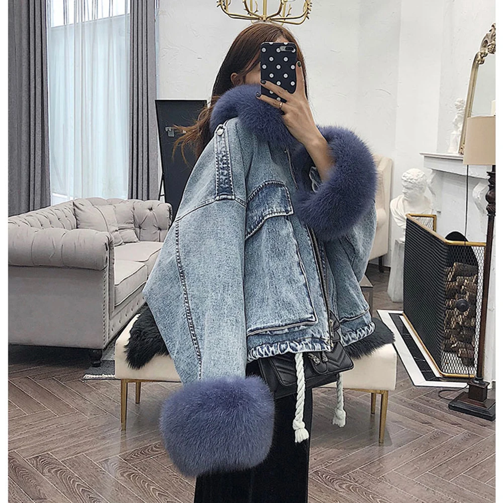 Blue Blue fur010 JAZZEVAR Зима новое поступление джинсовая куртка женская свободная одежда верхняя одежда с меховым воротником высокое качество зимная женская куртка W9086 - Цвет: Blue Blue fur010