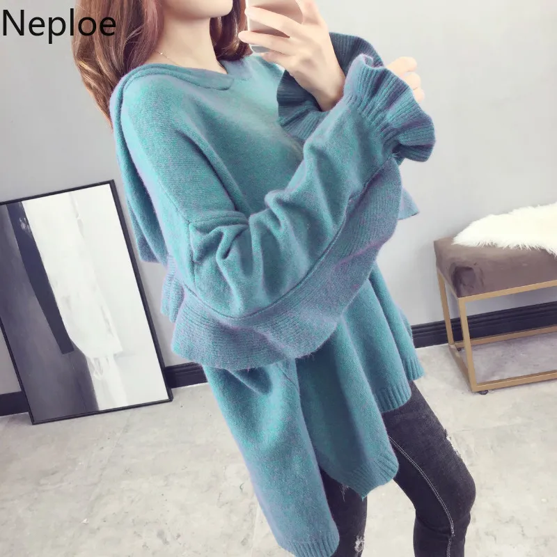 Neploe, корейский, толстый, Сумасшедший стиль, Pull Femme Hiver, элегантный, с оборками, с капюшоном, с бантом, свитер, однотонный, крест, осень, топы для пиллеров 45955