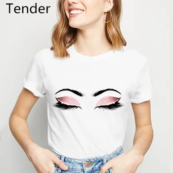 

90s Pink eyelashes print cute shirt women summer top female white t-shirt hipster vogue t shirt woman clothes drop shipping