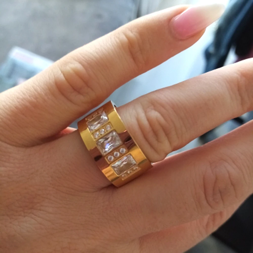 Fashion Women Crystal Rings Yellow Gold Color Stainless Steel