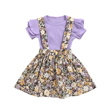 

Flofallzique 2020 Baby Girl Suit Fashion Floral Strap Skirt And Round Neck Short Sleeve Purple Top lovely kids clothes