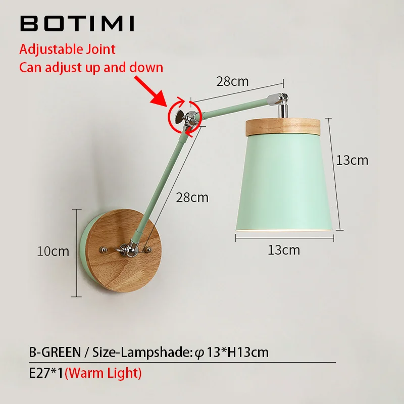 BOTIMI скандинавский светодиодный настенный светильник деревянный настенный светильник регулируемый светильник металлический прикроватный абажур светильник белый светильник для чтения - Цвет абажура: B-1 Light-Green
