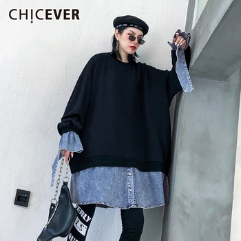 

CHICEVER Korean Patchwork Denim Sweatshirt Female O Neck Long Flare Sleeve Oversize Pullover Women's Sweatshirts Autumn Winter