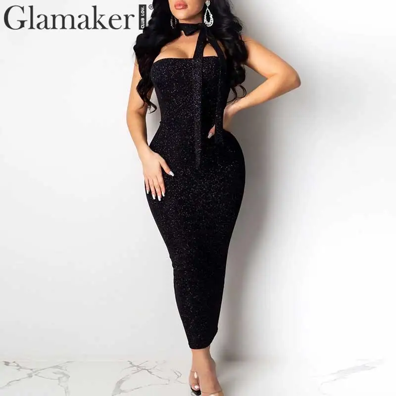Glamaker, кружевное платье с открытой спиной, длинное, сексуальные, вечерние, Клубное, без рукавов, облегающее, черное платье, для женщин, модное, элегантное, люрекс, платье в стиле ретро