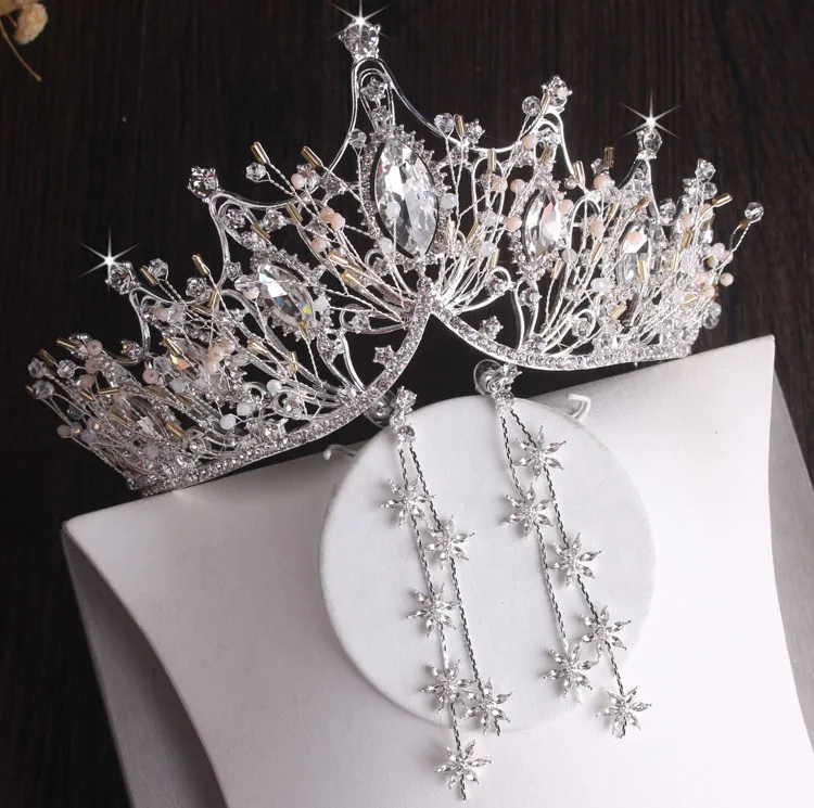 Baroque Silver Color Crystal Leaf Bridal Jewelry Sets Rhinestone Crown Tiaras Choker Necklace Earring African Beads Jewelry Set bridal jewelry sets