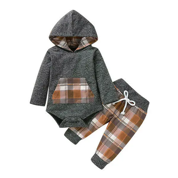 

2019 Toddler Infant Baby Boy Girl Clothes Set Autumn Long Sleeve Hooded Bodysuit Jumpsuit Plaid Pants Outfits Clothing 2PCs