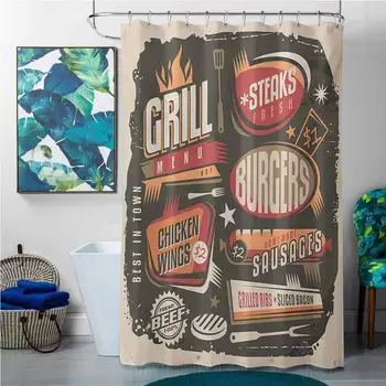 

Shower Curtains White Design BBQ Party,Grill Menu Design with Steaks Burgers Wings Sausages Ribs and Bacon Retro