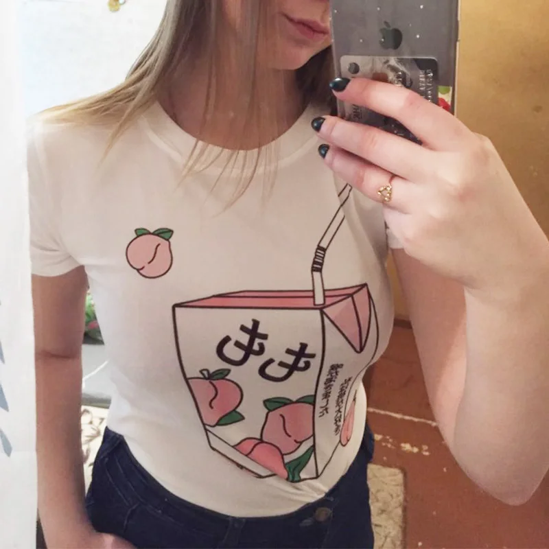 Девушка 90s Kawaii Белая футболка персиковый сок, японская Эстетическая гранж футболка женская летняя повседневная одежда tumblr модная футболка