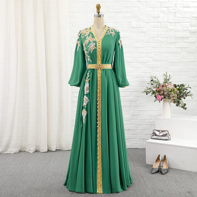 Bbonlinedress Moroccan Caftan Evening Dresses Embroidery Appliques Long Casual Women Dress Arabic Muslim Plus Size Party Robe Green