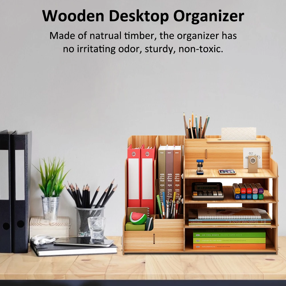 

Wooden Desktop Organizer Light Weight Office Supplies Books Holder Paper Extraction Storage Box