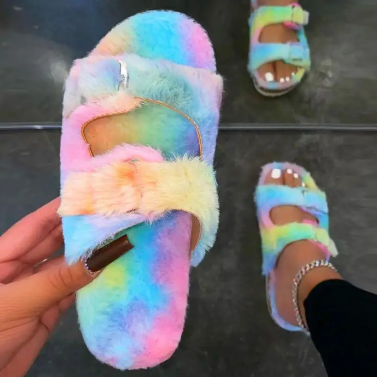 

2022 women new beach Colored fox fur cork candy color casual flat heel sandals and slippers outdoor versatile durable slippers
