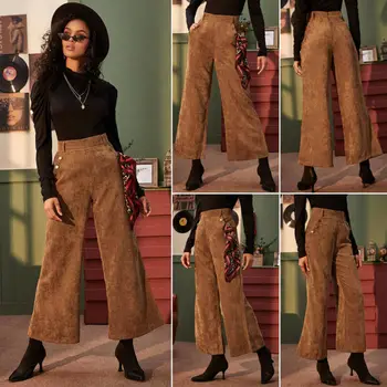 

Women New Wide Leg Corduroy Pants Loose High Waist Straight Casual Trousers Hot