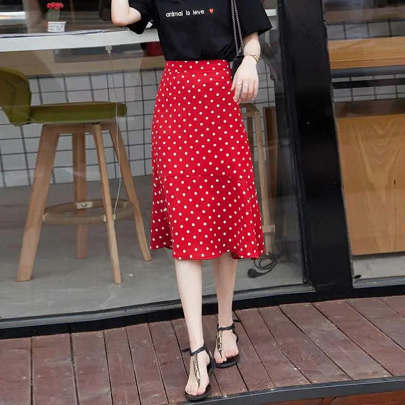 Юбка-годе с высокой талией для женщин, новинка, осенне-летняя модная женская Повседневная Длинная юбка в горошек в Корейском стиле, P066 - Цвет: Red