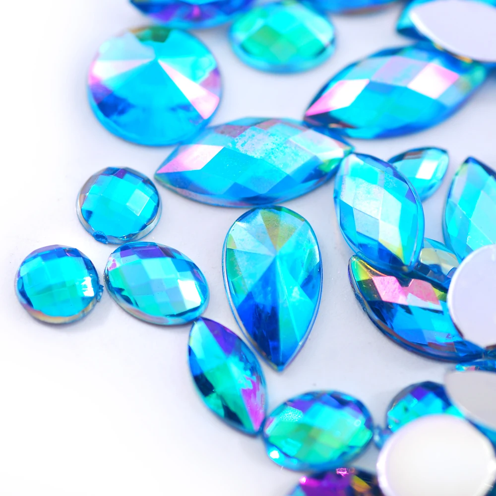Sky Blue Glitter AB Nail Art Crystal Rhinestones - 300Pcs Mixed Shape Flat Back 3D Decoration Stones